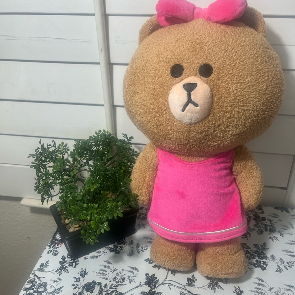Line FRIENDS Choco Brown Teddy Bear with Pink Dress and Bow